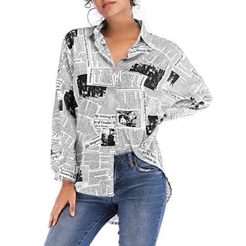 GALPADA Lose Hülse Frühling Unten Damenmode Revers Langärmliges Top Shirt Sommer Single-Size Zeitung Single Black Tops Long Button Black Print M Neck Casual Bluse Breasted Girls Cover