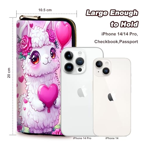 Wristlet Wallet for Women Teen Girls Womens Wallet RFID Blocking Credit Card Holder with Removable Wristlet,Leather Phone Wallet Clutch Large Capacity Ladies Travel Purs,Cute Love Heart Alpacas3
