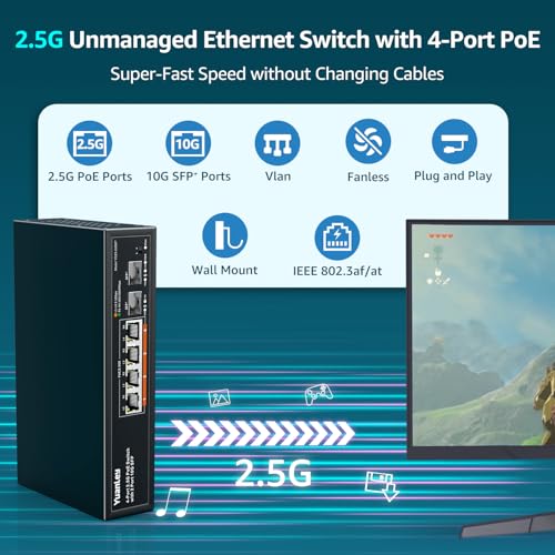 YuanLey 6-portowy przełącznik PoE 2,5 G, niezarządzany, 4 porty 2,5 G Base-T PoE, 2 x 10G SFP, IEEE802.3af/at, 78 W, kompatybilny z 100/1000/2500 Mb/s, metalowy bez wentylatora, przełącznik sieciowy