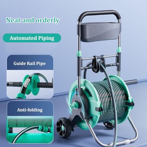 Carrello avvolgitubo portatile con ruote regolabile retrattile per tubo da giardino con guida integrata e raccordi per irrigazione del prato e lavaggio auto (include pistola ad acqua da 3,25 m)