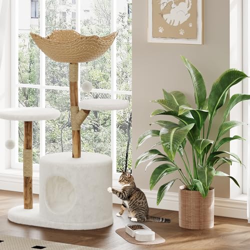 43'' Contemporary Natural Wood Cat Tower, Aesthetic Feline Climbing Structure with Spacious Rattan Basket, Scratching Posts, Real Branch Design, White Luxury Perch for Rest and Play