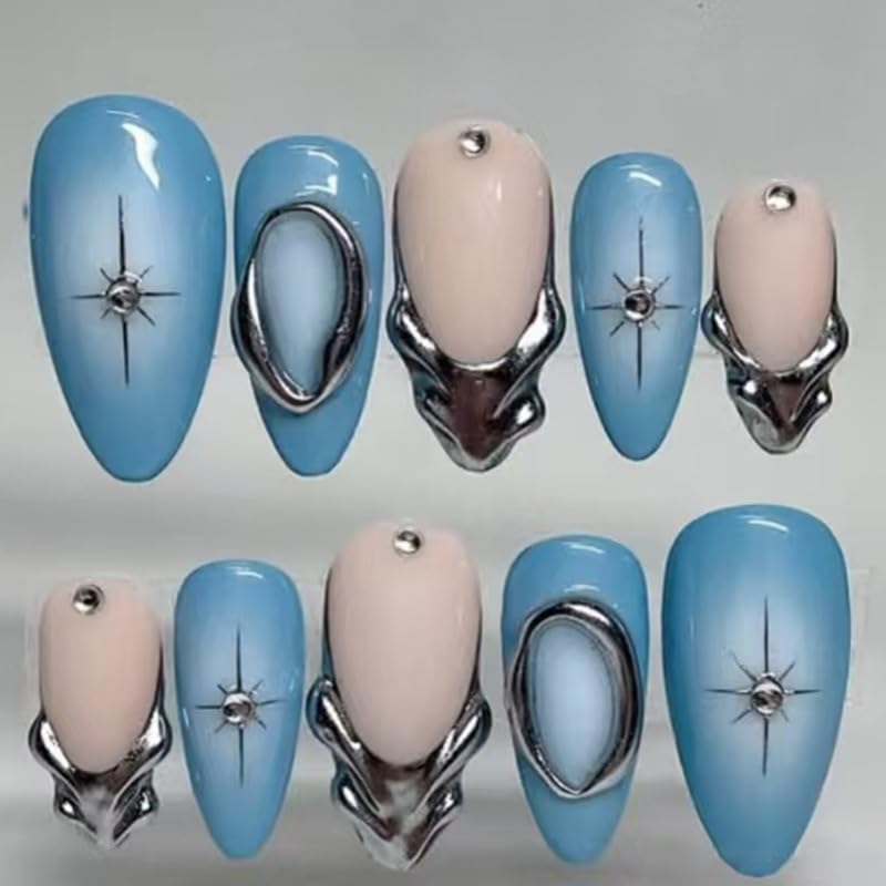 Mkwntg 24Pcs Blue Press on Nails Medium Almond Fake Nails with 3D Rhinestones Design Silver French Tips Acrylic False Nails Blue Full Cover Glue on