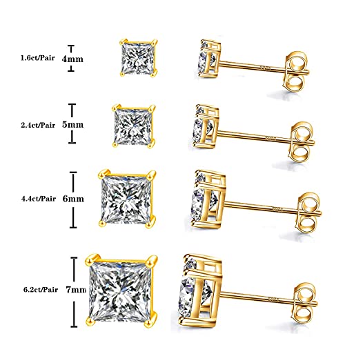 925 Sterling Silver Stud Earrings 4 Prong Princess Cut Square Cubic Zirconia Ear Stud for Women Men CZ 4mm-7mm4