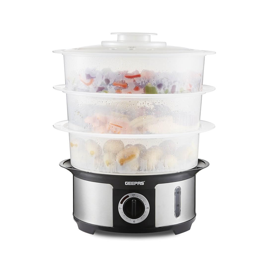 GEEPAS3-Tier Food Steamer, 12L Capacity | Electric Vegetable Steamer with BPA Free Removable Baskets For Healthy Steam Cooking | 75 Minutes Timer & 1000W Power | Stainless Steel Housing