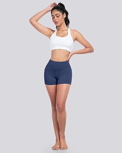 Miniatura 3 de LZYVOO Pantalones cortos de elastano para mujer, cintura alta, control de abdomen, pantalones cortos de yoga con bolsillos