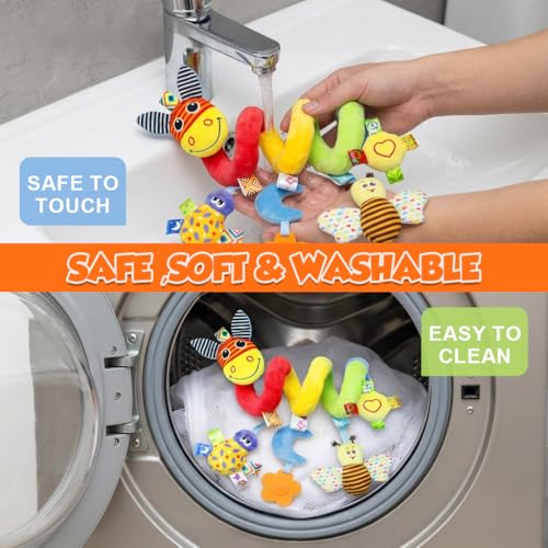 Image of SNOWIE SOFT Baby Spiral Activity Toy for Stroller & Crib, Plush Hanging Toys with Silicone Sensory Toy, Crinkle & Squeaky Cartoon Soft Interactive Car Seat Spiral Wrap Travel Toys