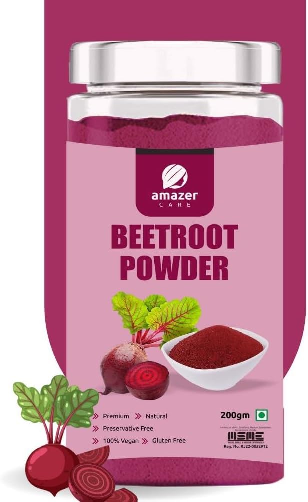 AmazerCare Beetroot Powder (Dehydrated) - Nitric Oxide Superfood For Eating & Drinking, Jar Packing (200 gm), Immunity Booster, Full of Nutrients