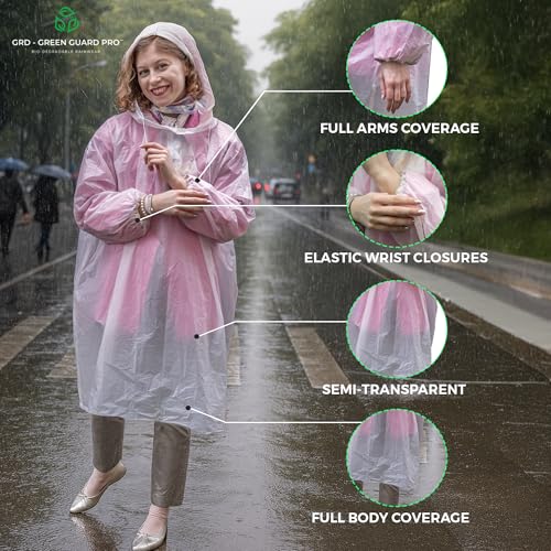 Eco-Friendly Rain Ponchos - Bio-degradable Disposable Clear Poncho with Drawstrings and Adjustable Hood, Family Pack of 54