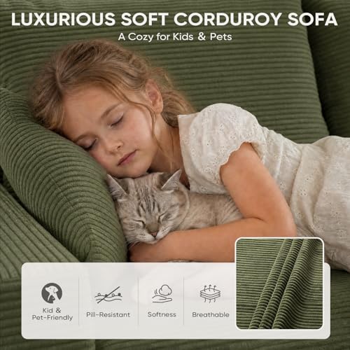 Image of Boneless Couch, 102.4 inch Sectional Couches for Living Room with L Shape Sofa | Cloud Couch Sectional with Chaise, Modular Cloud Sofa with Deep Seat, No Assembly, Green, Corduroy, Right Chaise