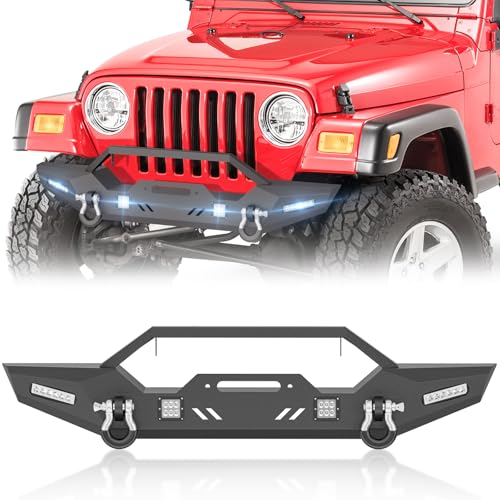 YZONA for Wrangler YJ TJ LJ Front Bumper with 12,000 LBS Winch Plate, 4 x 18W LED Lights & 2 x 4.75-ton D-rings, Off-Road Steel Bumper Compatible with 1987-2006 Jeep Wrangler YJ TJ LJ Unlimited