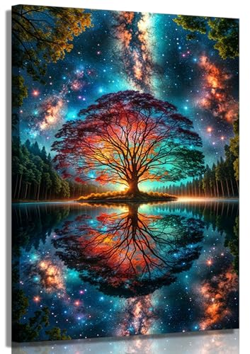 Tree of Life Canvas Wall Art Starry sky reflection Pictures Wall Decor Modern Abstract Poster Print Artwork for Living Room Yoga Room Hotel Bedroom Home Decoration 12x16in