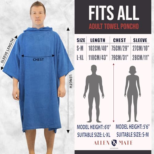 Image of ALLEN & MATE 100% Cotton Hooded Surf Poncho Changing Robe - Quick Absorbent Changing Towel with Pocket for Surfing Men Women