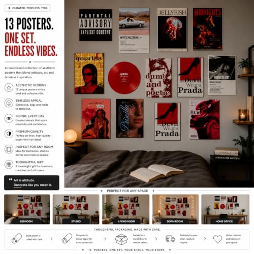 Image of 12 Piece Aesthetic Poster Set | 300 GSM Multi-Sized Wall Posters with Adhesive Tape | Music, Fashion, Retro & Pop Art Prints for Bedroom, Room Decor, Home Decor, Living Room & Wall Art
