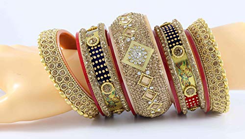 Image of NMII Traditional Gold Plated Acrylic Bangles Bridal Chuda Set For Women & Girls with Zircon Diamond & Pearls Beads Work | Royal Wedding Chudas | Premium Look | Bangles For Wedding, Festive, Function