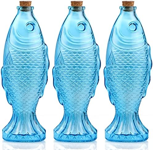MDLUU 3-Pack Fish Shaped Glass Bottles, Decorative Bottles with C...