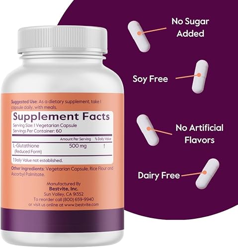 Miniatura 3 de BESTVITE L-Glutatión 500mg (60 cápsulas vegetarianas) - Sin estearatos - Vegano - Sin OMG - Sin gluten