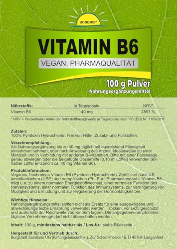 Vitamin B6 (Pyridoxin, Ph. Eur. zertifiziert), Pulver ohne Zusatzstoffe im umweltfreundlichen Beutel aus Kraftpapier, Bonemis® (100 g)