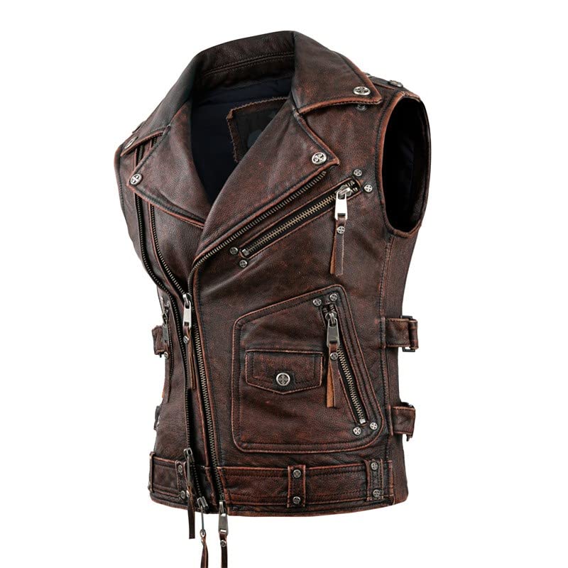 Chaleco vintage sin mangas con cremallera para hombre, chaleco de cuero vacuno genuino