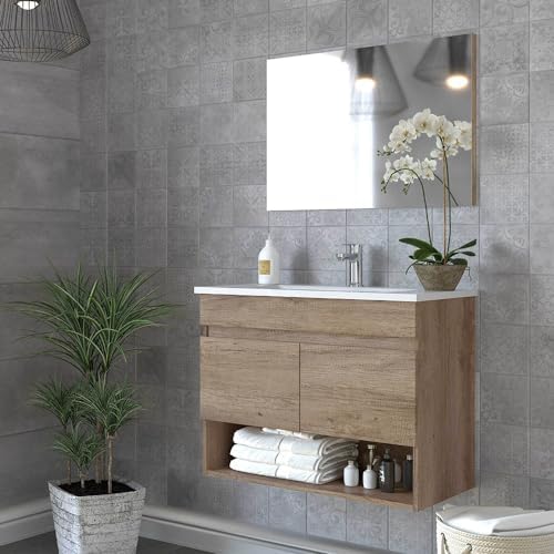 Mobile bagno sospeso 80 cm noce nativo con specchio - Koda Pop