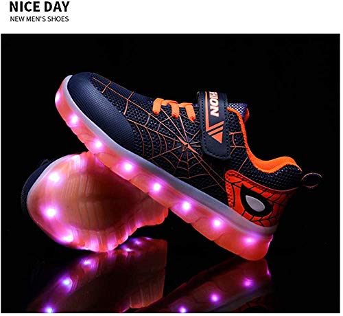 Kids LED Light Up Shoes Rechargeable Luminous Sneakers Trainers for Boys Girls New Spiderman (Orange,12 Little Kid)