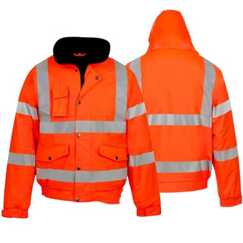 Hi Vis Jacket Men Work Bomber Coat – Waterproof Padded Safety Security Workwear Viz Visibility Coat with Zip – Contractor Reflective Winter Jacket Orange L