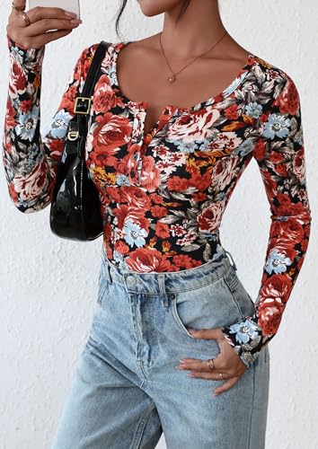 PRETTYGARDEN Women's 2026 Fall Long Sleeve Henley T Shirts Button Ribbed Knit Slim Fit Basic Tops Blouse Casual Outfits (Floral Black Multicolored,Medium)