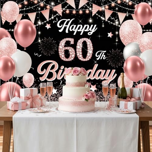 Image of 60th Birthday Decorations for Women - Happy 60th Birthday Banner Decorations Cheers to 60 Years Birthday Party Indoor and Outdoor Decoration Suppiles Pink Backdrop for 60th Birthday Party Favors Decor