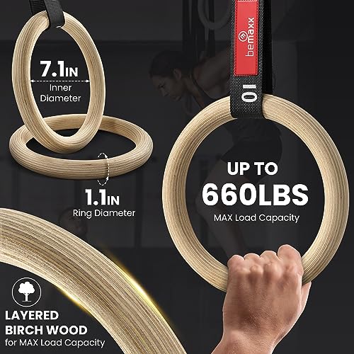 image for BeMaxx Gymnastic Rings Set Wood + Door Anchor Attachment, Exercise eBo