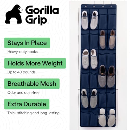 GORILLA GRIP Over the Door Shoe Organizer, 24 Large Breathable Mesh Pockets, Space Saving Hanging Storage Holder, Closet Rack Hanger Holds Up to 40 lbs, Hangs on Closets for Shoes, Accessories Dk Navy by Gorilla Grip - Image 2