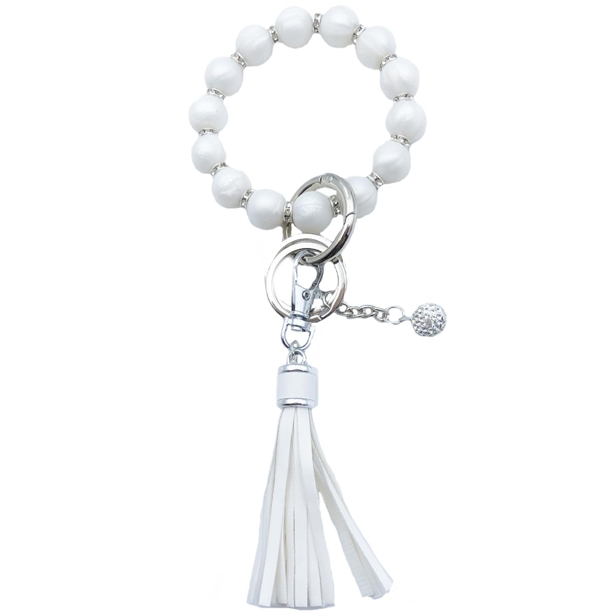 UnpafcxddyigWristlet Bracelet Keychain Silicone Beads with Leather Tassel Rhinestone Key Rings Silver for Women
