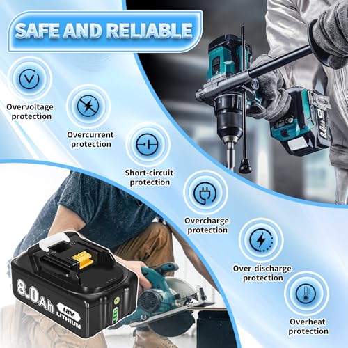 Image of 2 Count 8000mAh BL1860B 18V Replacement for Maki-ta 18V Battery Compatible with Maki-ta 18 Volt Lithium-ion Battery BL1815 BL1830 BL1845 BL1850 BL1840 BL1820 Cordless Power Tools (02)