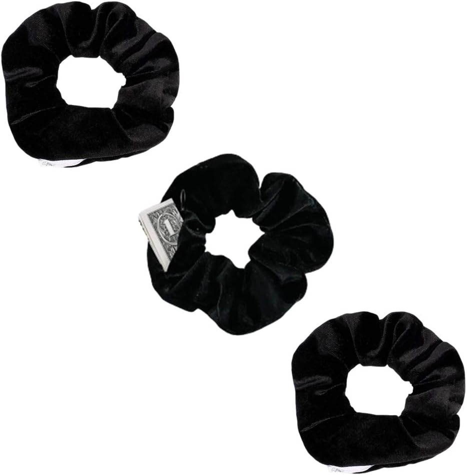 BSEKT Zipper Scrunchies, Pocket Scrunchie, SECRET & HIDDEN, Velvet Hair Ties Bracelet, Compatible with Apple AirPods 2 & 1, Key Money Chapstick Storage Bag, Elastics Hair Band (Black 3PCS)
