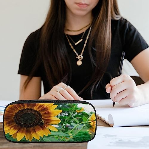 Fionel Bee-In-A-Sunflower Pu Leather Quad Pen Case Zipper Pencil Pouch Holder For Pens Case Office Storage Box Organizer Pen Bag(8×1.5×3.5 In) #TOP4