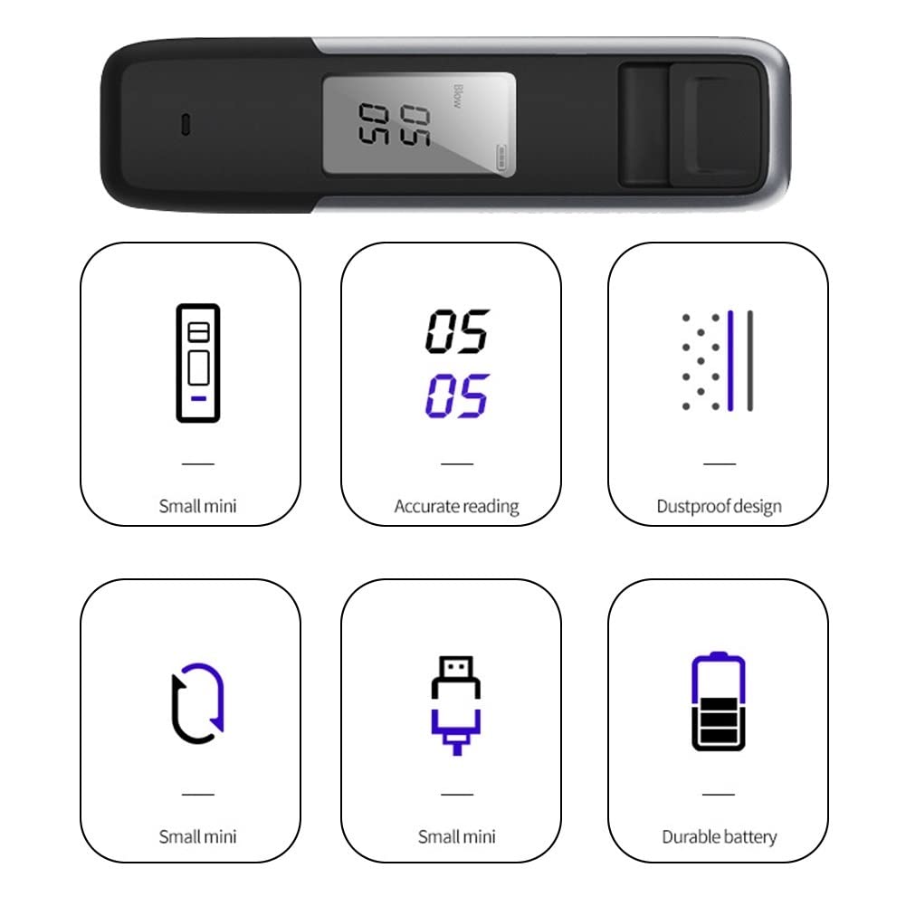Tester alkoholu o wysokiej dokładności alkomat przenośny bezdotykowy tester alkoholu z wydmuchem powietrza cyfrowy ekran wyświetlacza USB akumulator (Grey : Silver)