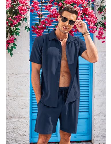 COOFANDY Mens Beach Shirts Short Sleeve Button Up Outfits 2 Piece Set for Men Vacation Outfit