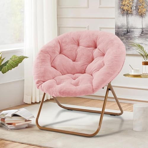 Image of Simple Deluxe Comfy Chairs for Bedroom, Faux Fur Saucer Chair for Adults, Oversized Comfy Soft Saucer Chair, Padded Lazy Chair for Living Room Dorm Rooms, Pink