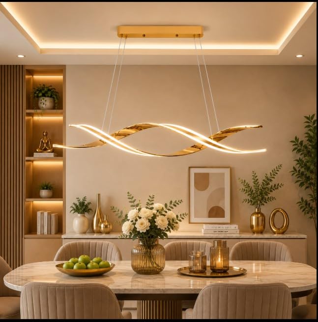 Modern Wave LED Chandelier Gold Linear Pendant Light | 3 Colour Changing Modes, Integrated LED, Dining & Living Room, Kitchen Island & Office, Ceiling Hanging Light-image-27