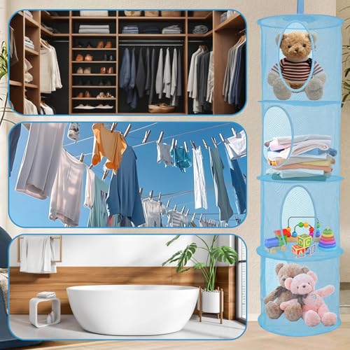 Zyluniy 2 Stück Hängender Speicherkorb, 4 Tier Faltbare Aufbewahrungsnetze, Kuscheltiere Hängeregal, Hängende Mesh Aufbewahrungsnetze, Hängeaufbewahrung Netz für Spielzeug, Kleine Kleidung (Blau)