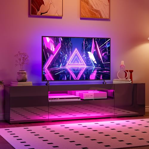 GOOBED TV Stand for 75/70 Inch TV, Modern LED Entertainment Center with Storage, Modern High Glossy Media Console Cabinet for Living Room, Grey