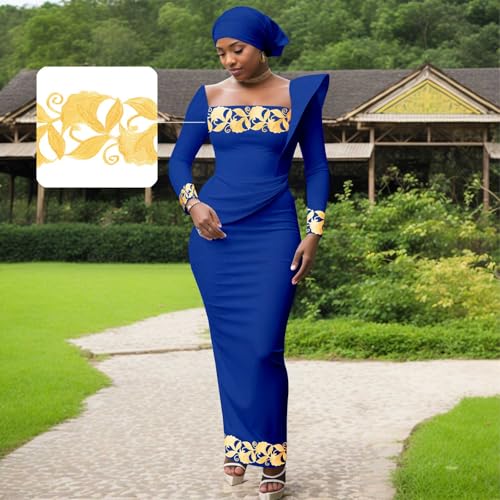 Image of African Dresses for Women High Waist Embroidery Elegant Traditional Midi Dress with Headscarf