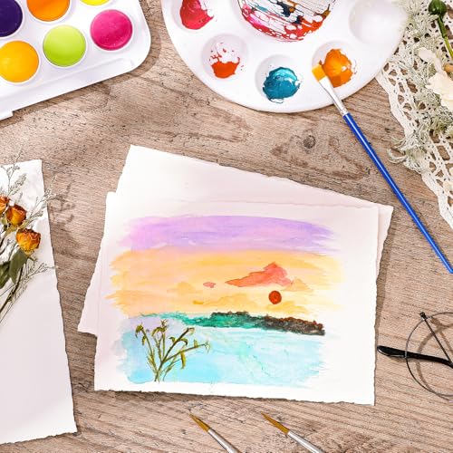 Image of 25 Sheets Watercolor Paper 5 x 7 in, 300 GSM Deckled Edge Handmade Paper | Deckled edge, rough texture, handmade cotton paper for watercolor, cards, invitations, crafts