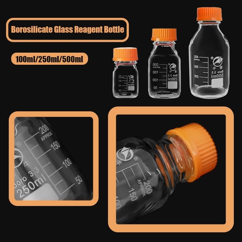 Frascos de reactivos de 100 ml/250 ml/500 ml. Material de laboratorio de química química transparente. Frasco de vidrio de borosilicato de alta calidad (250 ml).(500ml)