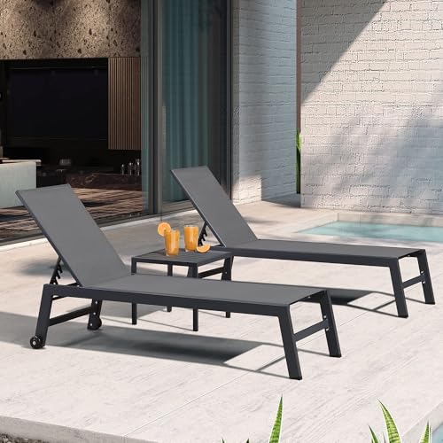 Image of PURPLE LEAF Patio Chaise Lounge Set 4 Pieces Aluminum Outdoor Lounge Chairs with Wheels, Textilene Sunbathing Recliner, Grey