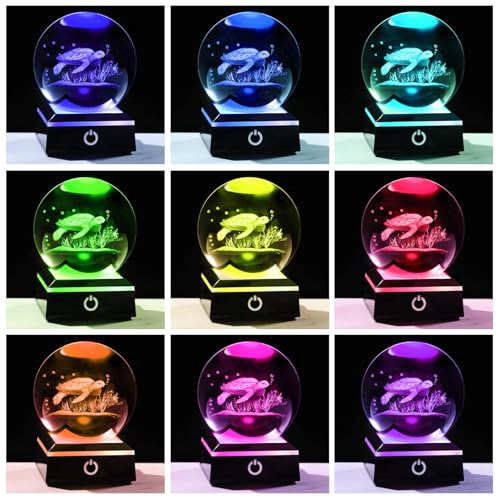 Image of 3D Crystal Ball Sea Turtle Gifts for Women Men Snow Globe Ornament with LED Base Night Light, Laser Engraved Sea Turtle Decor Figurines Gifts for Turtle Lovers