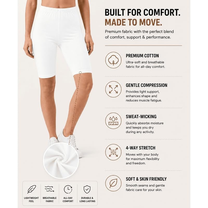 Image of Women's Cotton Lycra Cycling Shorts | 95% Cotton 5% Spandex | Stretchable Knee Length Tights for Gym, Yoga & Sports