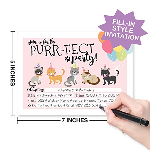 Image of Hadley Designs Kids Birthday Invitations Girl Cats Theme - 25 Cat Birthday Party Invitations For Girls, Purr-fect Invites For Girls, Cute Cats Party Supplies, Made in USA