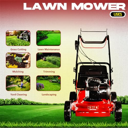 Image of RBD 6HP Petrol Lawn Mower - 18-Inch Cutting Width, 4-Stroke Engine Gas Powered Grass Cutter with Metal Deck & Heat-Treated Alloy Steel Blades - Heavy Duty Push Mower for Landscaping