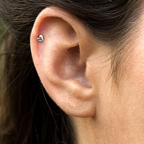Silver Heart Earring For Tragus Helix Cartilage. Unique Minimalist Dainty Small Single Piercing Stud. 925 Sterling Silver. Screw Shape, 16 Gauge (1.2 Mm). Handmade Jewelry By Heartattackom #TOP2