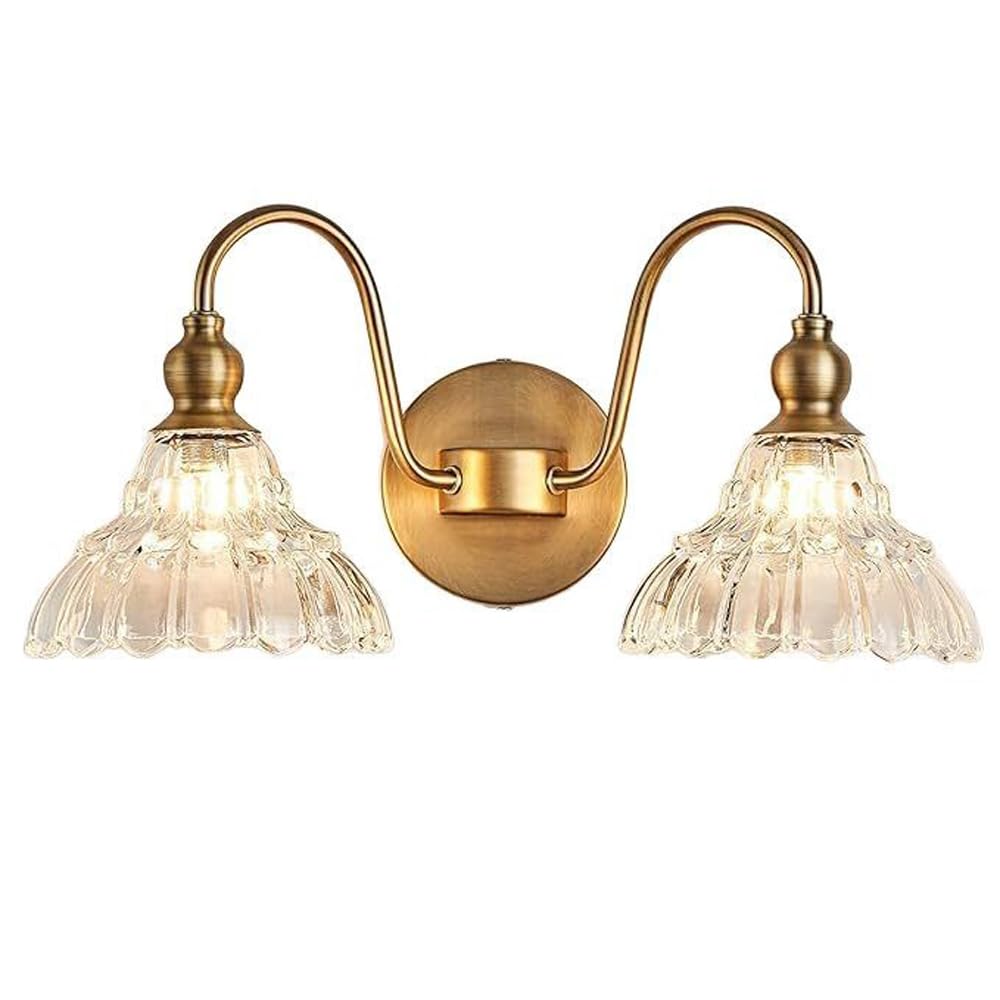 Mengjay Wandleuchte Gold Innen,Spiegelleuchte Bad Spiegellampe Vintage G9 Wandlampe 2 Flamming mit Glasschirm, Retro Metall Badezimmer Lampe Wand Modern Wandbeleuchtung (Gold, 2 Flammig)
