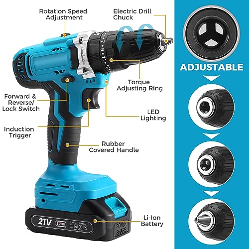 zerotop 21V Akkuschrauber, Akkuschrauber Bohrschrauber Set mit 2x 1500mAh Akkus 35 N.m Max Akku Bohrmaschine Drehmoment auf 25+1 Stufen Bohrschrauber mit 28PCS Zubehöre für Haus und Garten DIY Projekt – Bild 3